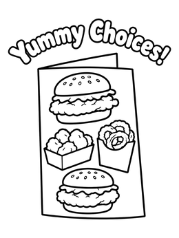 A fast food menu coloring page featuring chicken burgers, nuggets, and onion rings.