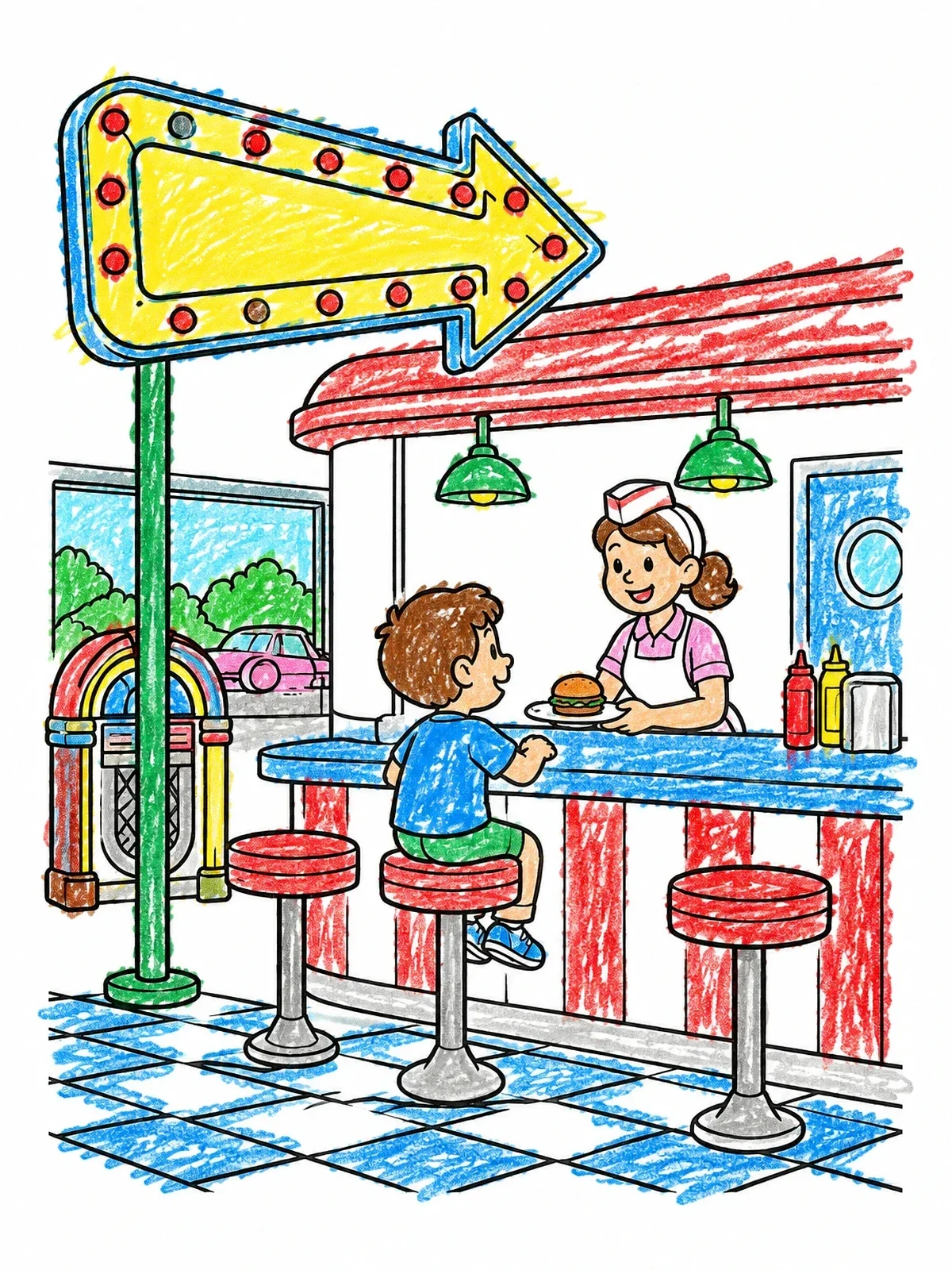 Colored example of the Retro Diner Counter With Arrow Sign coloring page