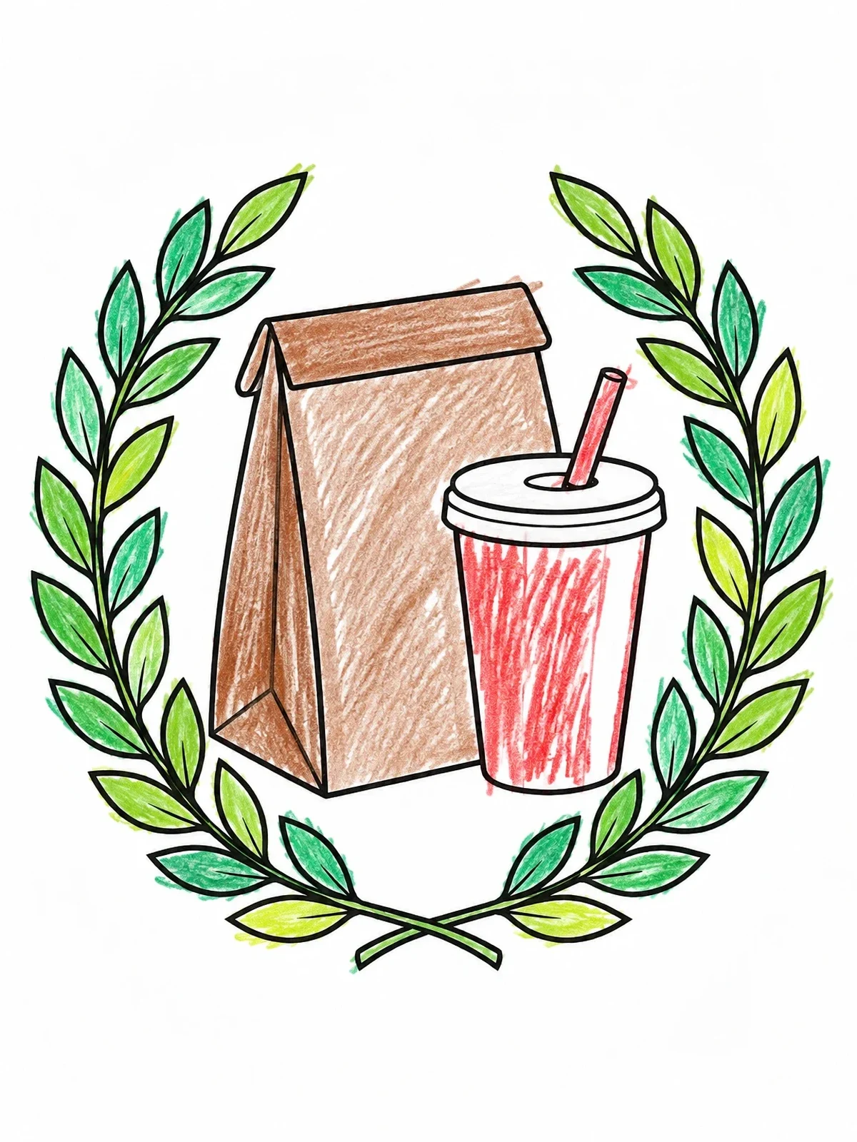 Colored example of the Takeout Bag And Drink Laurel Emblem coloring page