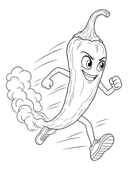 A speedy cartoon character in this chili peppers coloring page running with sneakers and smoke trailing behind.