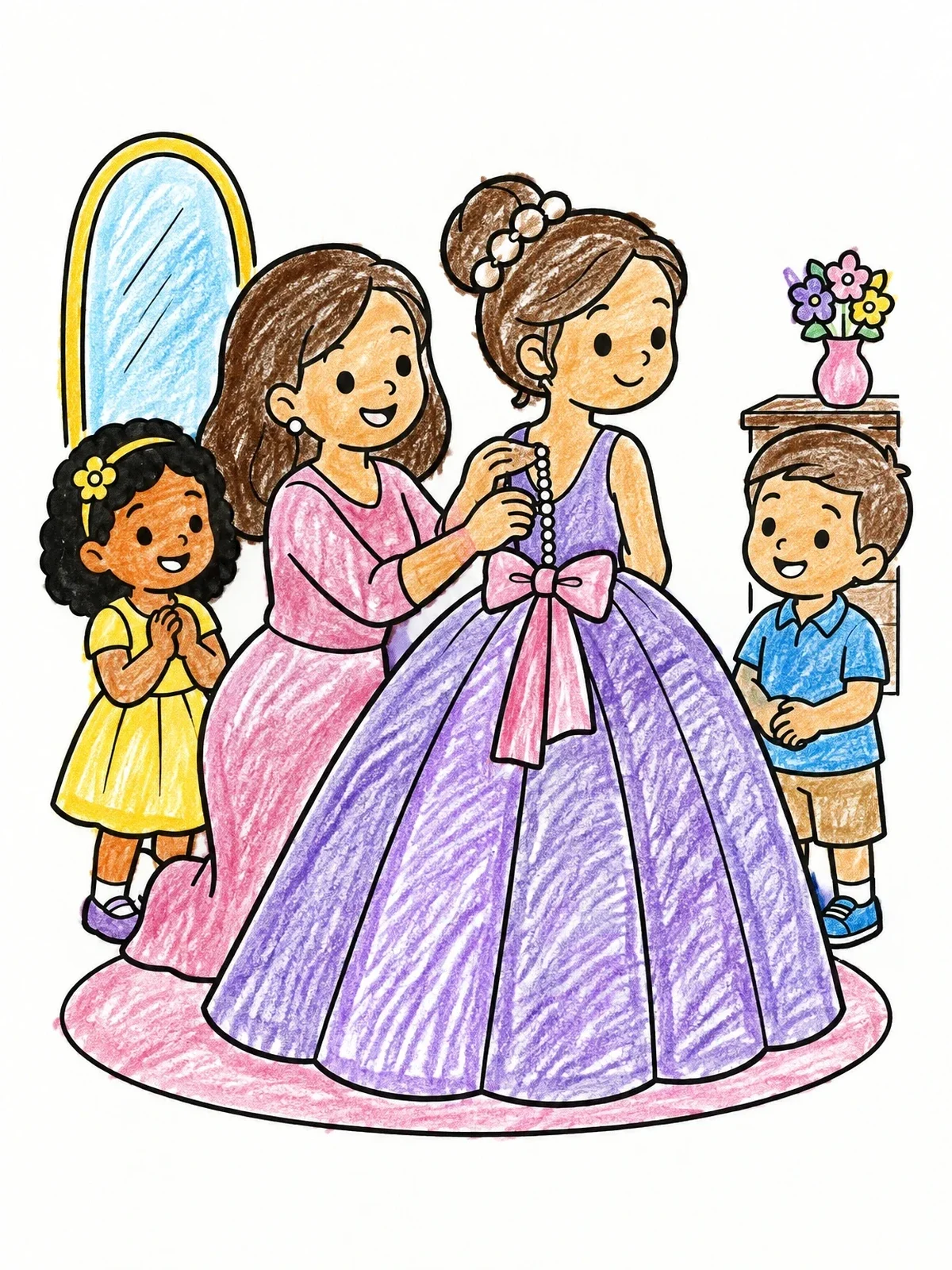 Colored example of the Fastening Buttons On An Elegant Gown coloring page