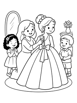 A mother buttons a girl's dress in this ball gown dress coloring page.