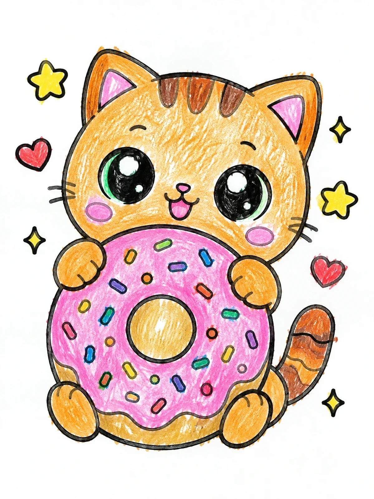 Colored example of the Chubby Kitten Hugging A Giant Donut coloring page