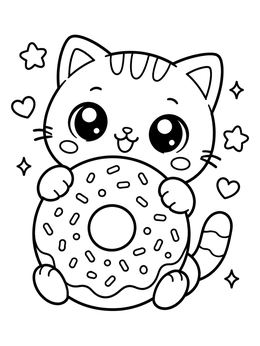 A cute fat cat coloring page featuring a chubby kitten holding a big frosted donut.