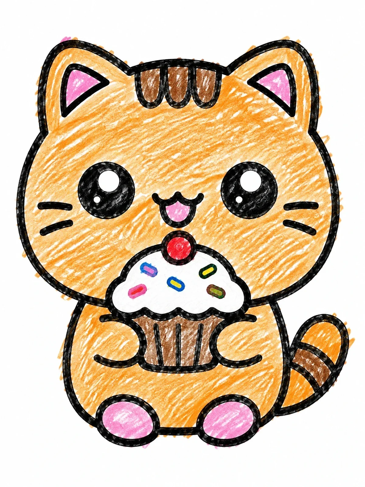 Colored example of the Cute Chubby Kitten With Cupcake coloring page