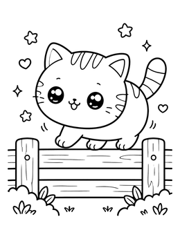 A cute fat cat coloring page featuring a chubby kitten balancing on a wooden garden fence.