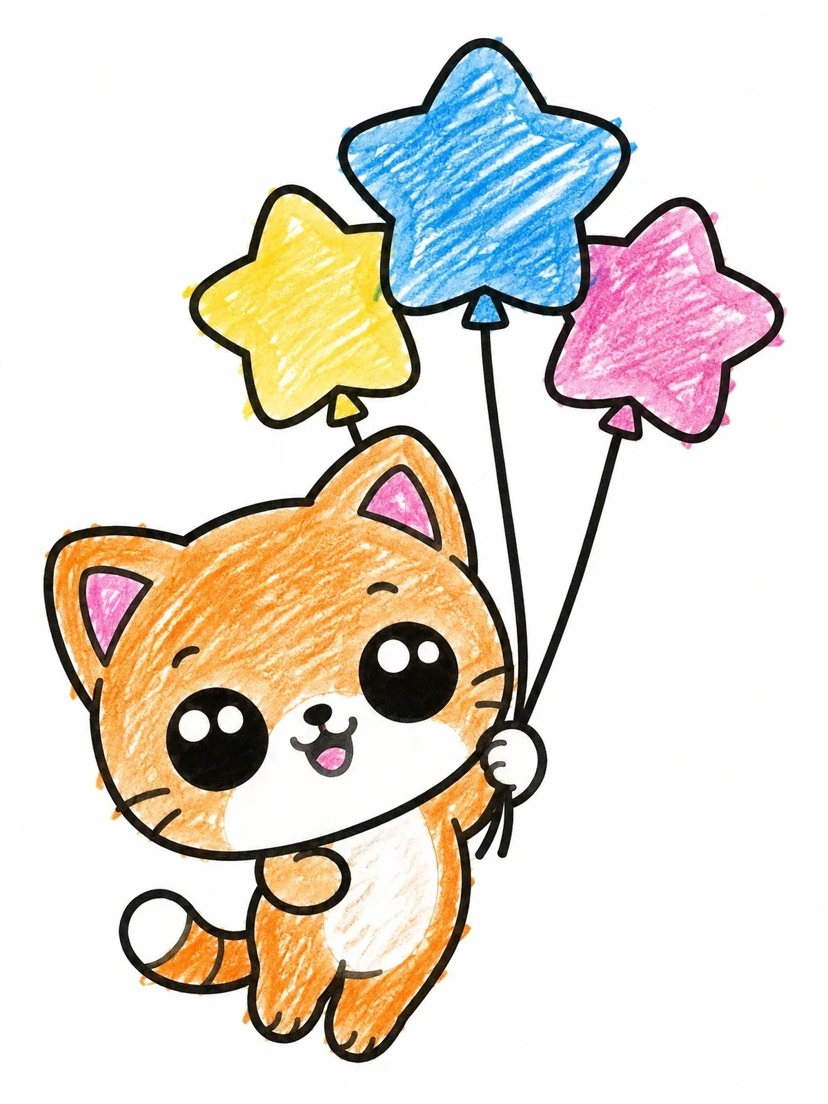 Colored example of the Chubby Kitten Floating With Star Balloons coloring page