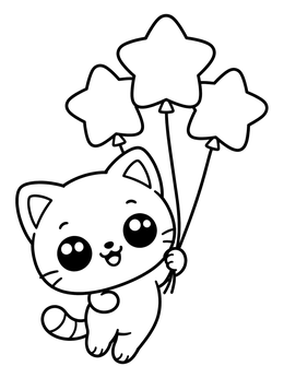 A sweet fat cat coloring page showing a playful kitten floating by star-shaped balloons.