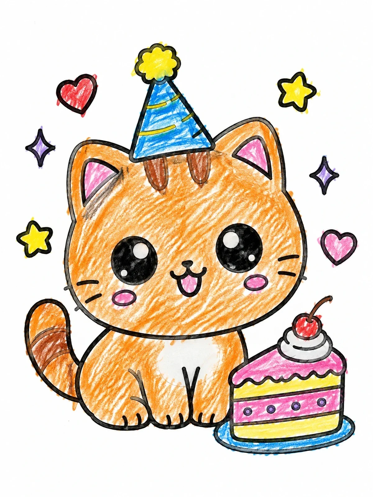 Colored example of the Cute Birthday Cat With Cake coloring page