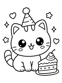 A sweet fat cat coloring page featuring a kitten in a party hat next to birthday cake.