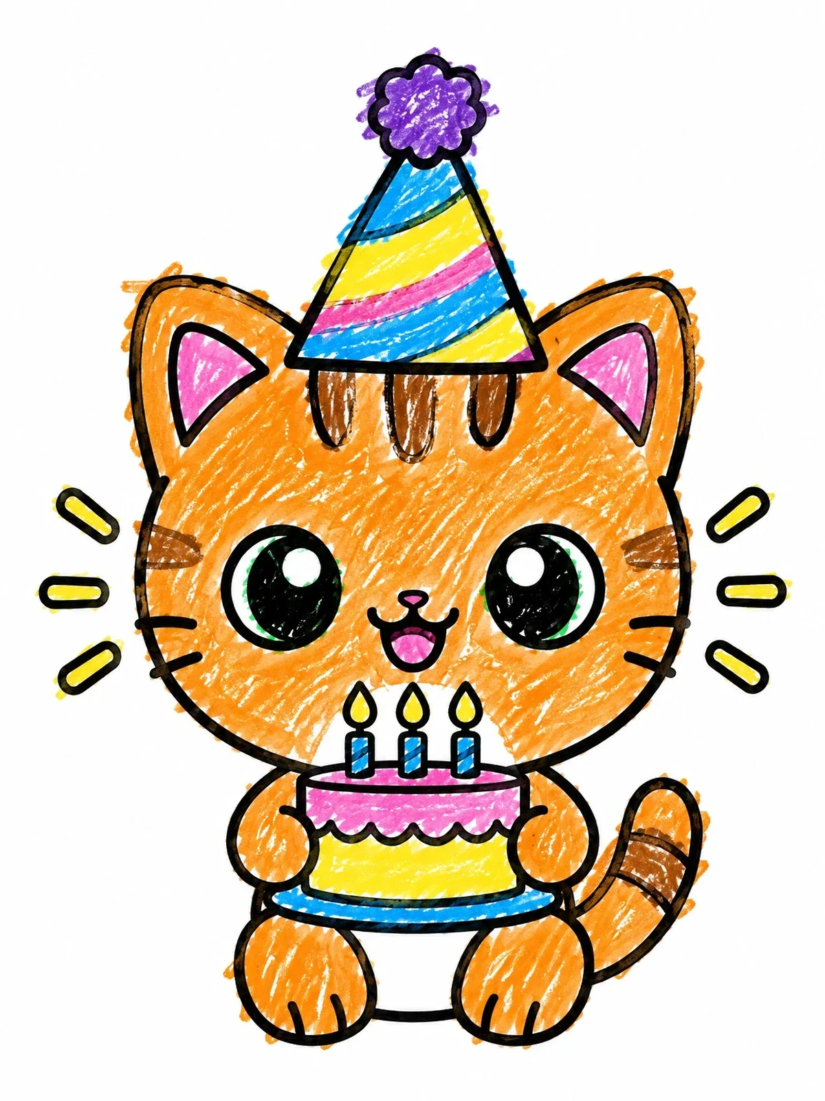 Colored example of the Cute Birthday Kitten With Cake coloring page