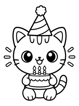 A cute fat cat coloring page features a kitten wearing a party hat and holding a cake.