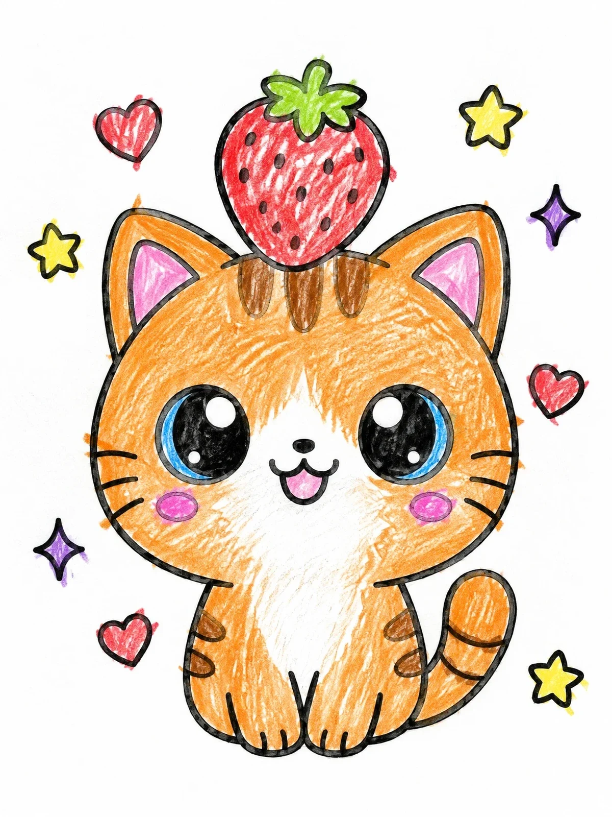 Colored example of the Cute Cat With Strawberry Hat coloring page