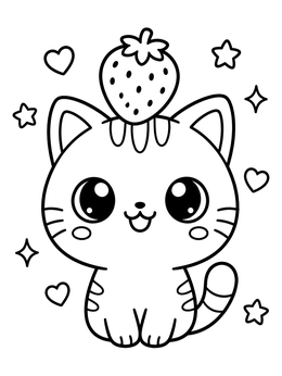 Free printable Cute Cat With Strawberry Hat coloring page