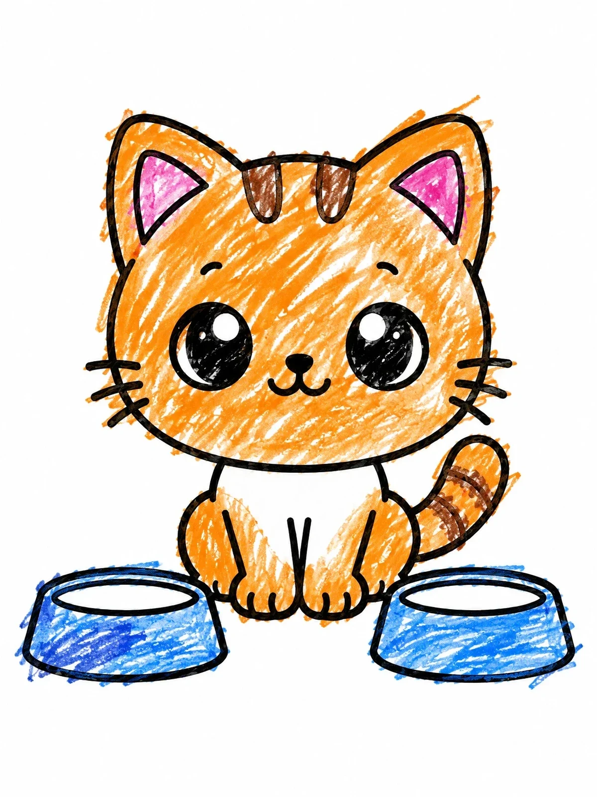 Colored example of the Cute Cat With Food Bowls coloring page
