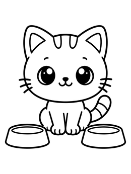 Free printable Cute Cat With Food Bowls coloring page