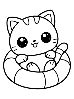 A cheerful fat cat coloring page showing a kitten relaxing inside a round striped swim ring.