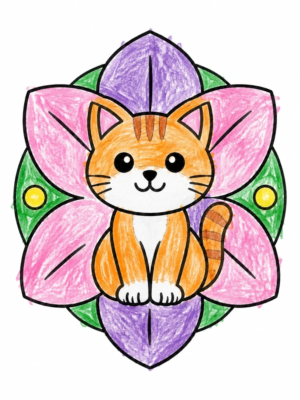 Colored example of the Cute Cat On Flower Mandala coloring page