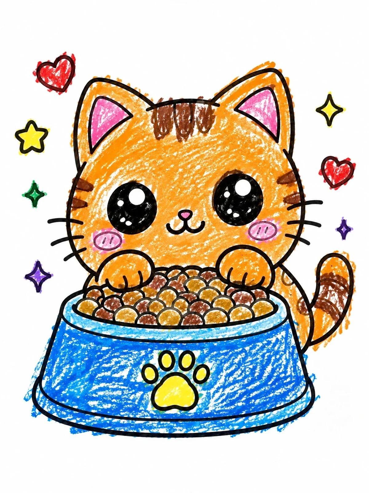 Colored example of the Cute Cat With Full Food Bowl coloring page