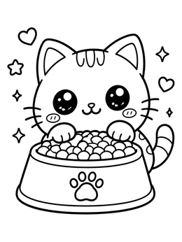 Free printable Cute Cat With Full Food Bowl coloring page