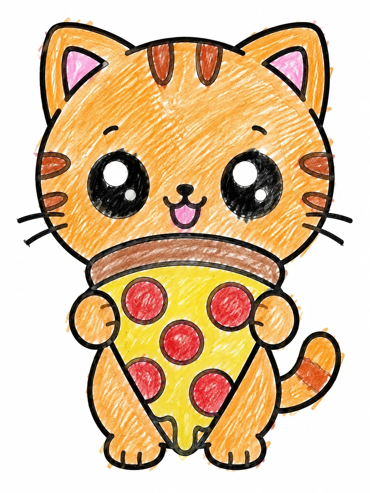 Colored example of the Cute Cat Holding Pizza Slice coloring page
