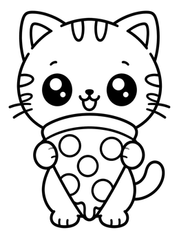 A sweet fat cat coloring page featuring a kitten holding a slice of pepperoni pizza.