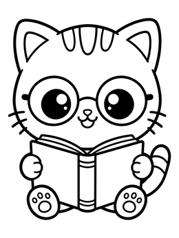 A cute fat cat coloring page featuring a kitten with round glasses reading an open book.