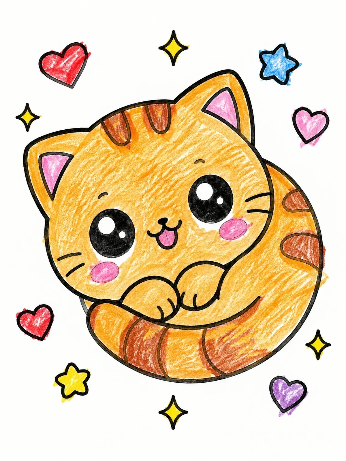 Colored example of the Cute Chubby Kitten Curled Up coloring page