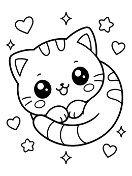 A sweet fat cat coloring page featuring a chubby kitten curled into a ball surrounded by hearts.