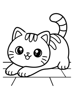A playful fat cat coloring page featuring a cute chubby kitten stretching on the floor.