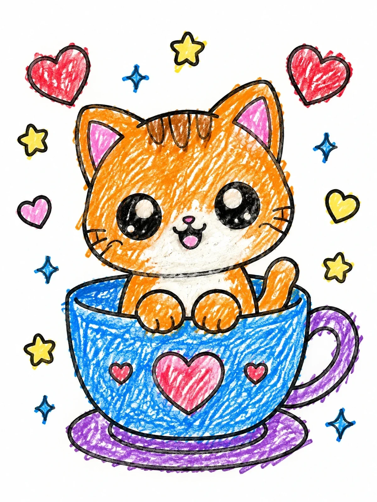 Colored example of the Cute Kitten In A Teacup coloring page