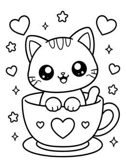 A cheerful fat cat coloring page showing a round kitten sitting inside a decorative teacup.