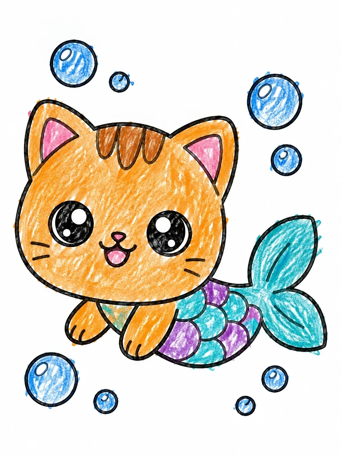 Colored example of the Cute Purrmaids Swimming With Bubbles coloring page