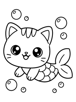 A cute fat cat coloring page featuring a round purrmaid swimming among floating bubbles.