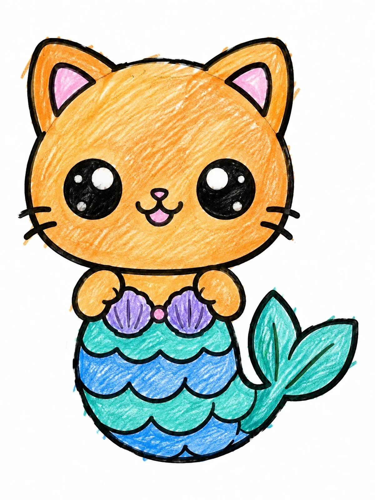 Colored example of the Cute Purrmaid Cat With Fish Tail coloring page