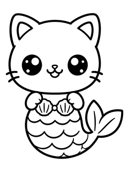 A delightful fat cat coloring page of a cute kitty dressed as a mermaid with a scaly fish tail.
