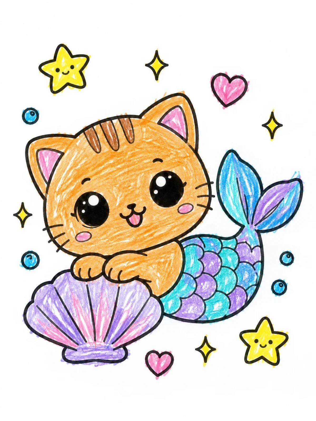 Colored example of the Cute Purrmaid Cat With Seashell coloring page