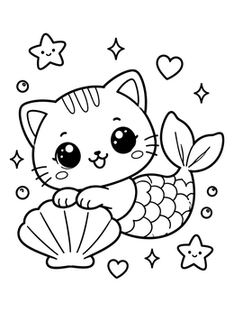 Free printable Cute Purrmaid Cat With Seashell coloring page