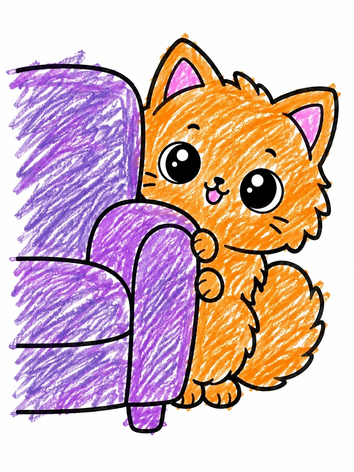 Colored example of the Fluffy Kitten Behind An Armchair coloring page