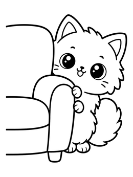 A sweet fat cat coloring page of a fluffy kitten peeking curiously from behind an armchair.