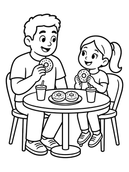 A father and daughter eat pastries at a table in this donut coloring page.