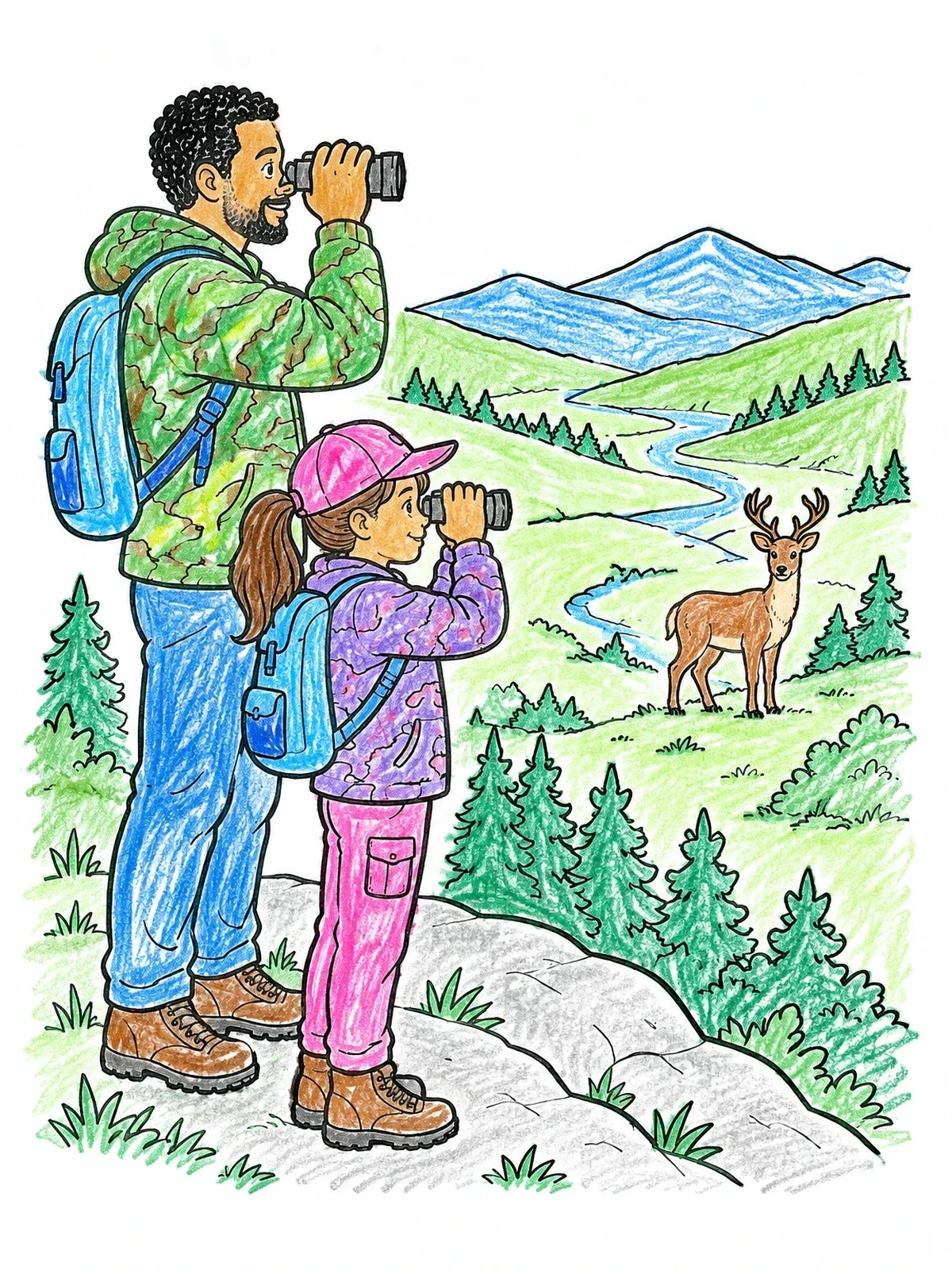 Colored example of the Father And Daughter Spotting Deer coloring page