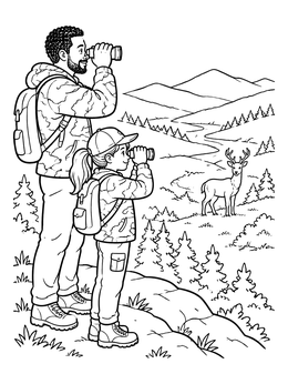 A father and daughter look through binoculars in this deer coloring page overlooking a valley.