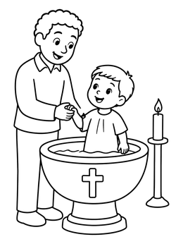 A smiling boy holding his father's hand in a baptism coloring page next to a candle.