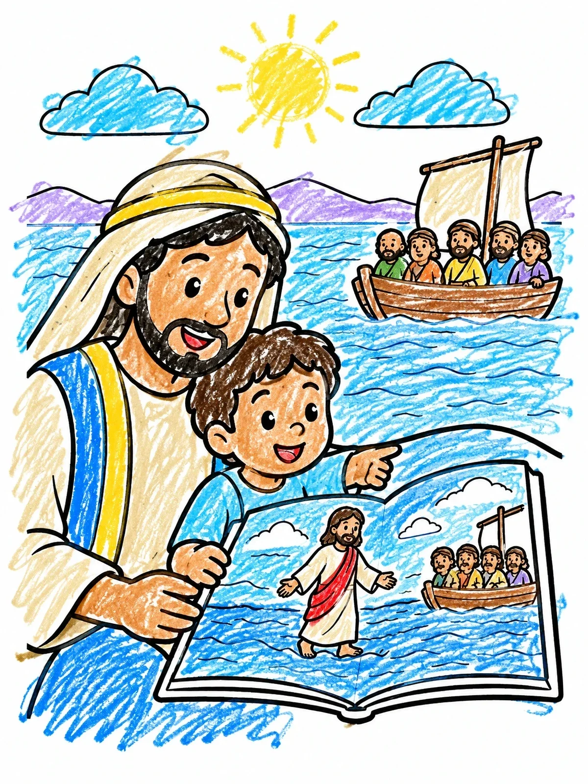 Colored example of the Father And Child Reading About Jesus coloring page