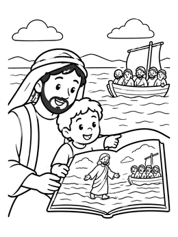 Free printable Father And Child Reading About Jesus coloring page