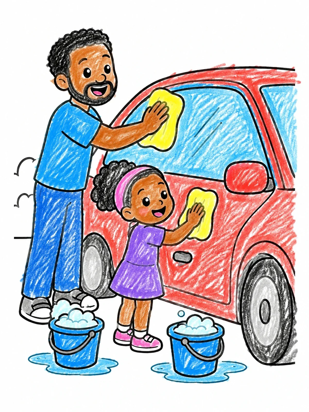 Colored example of the Father And Daughter Washing The Car coloring page