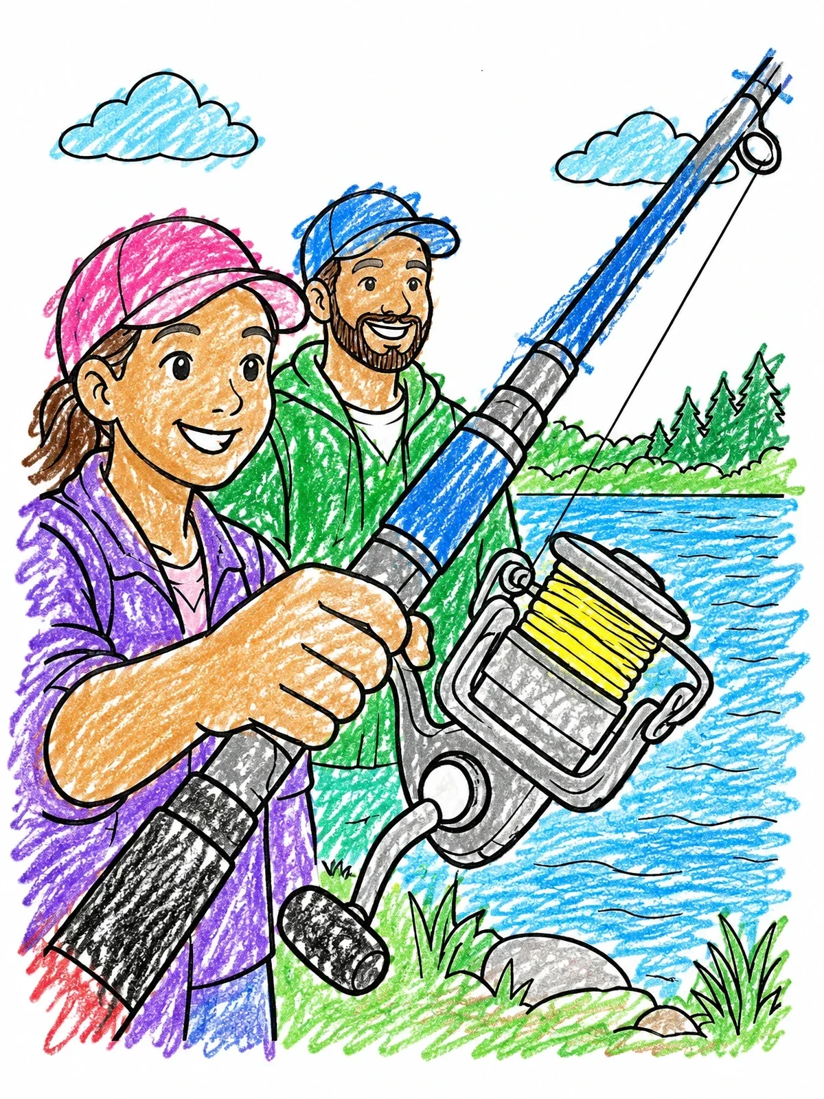 Colored example of the Father And Daughter Fishing Together coloring page