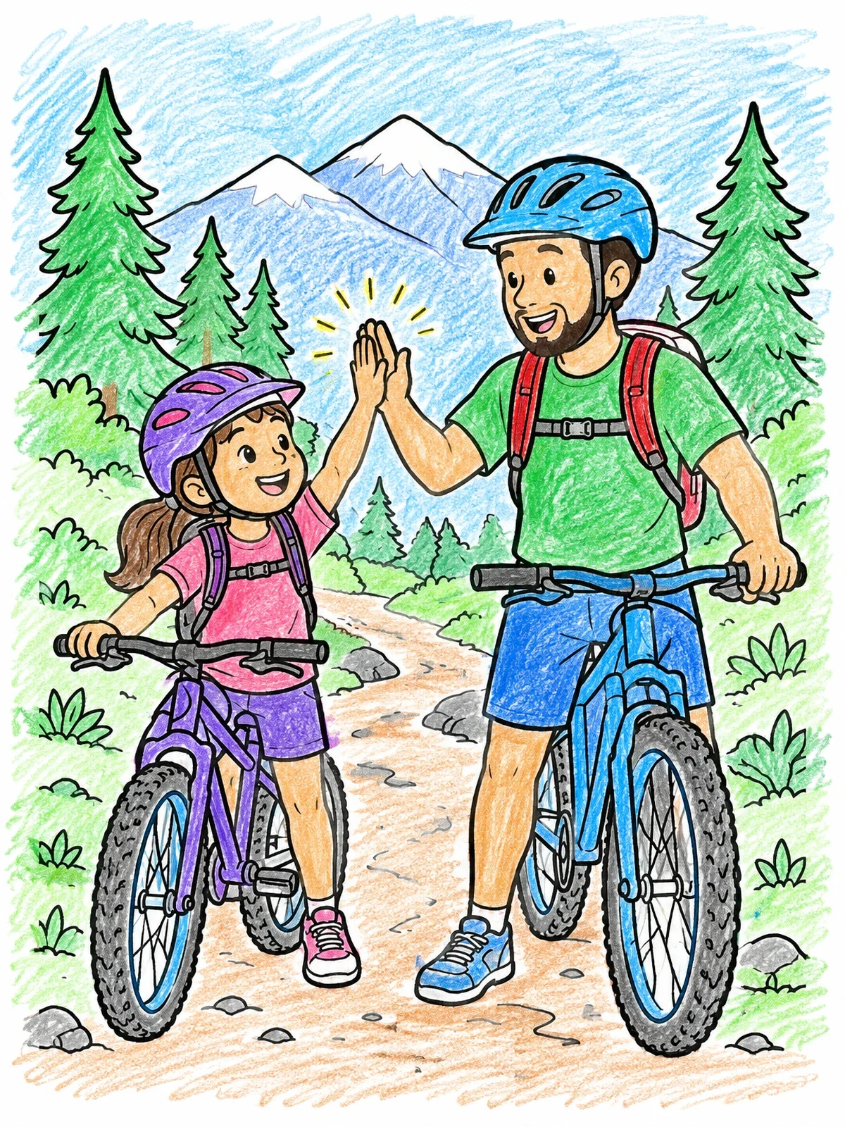 Colored example of the Father And Daughter Mountain Biking coloring page