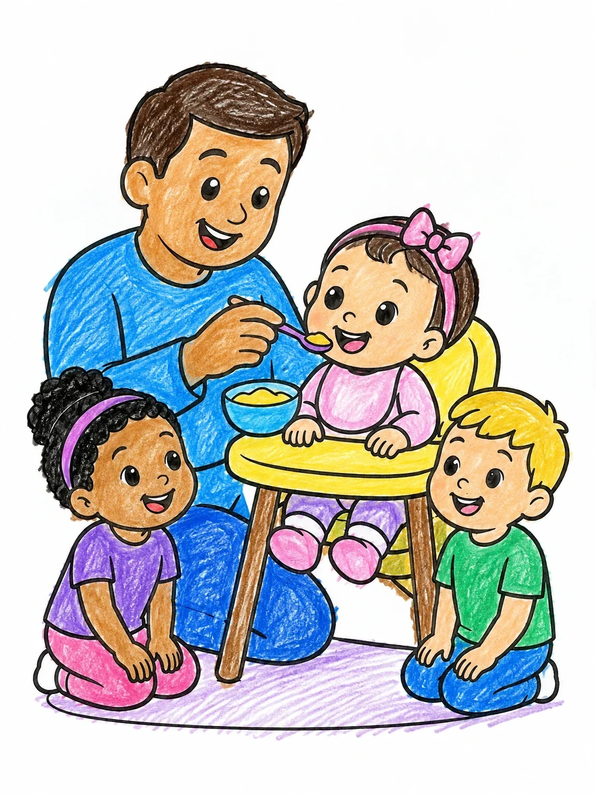 Colored example of the Father Feeding Happy Baby Girl coloring page